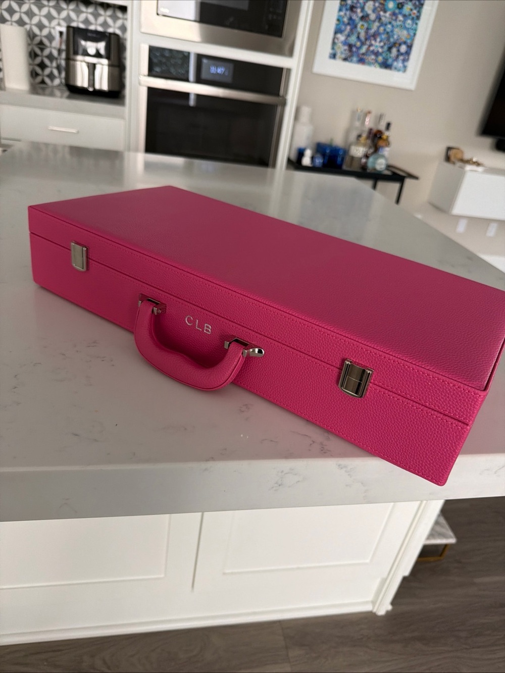 Monogrammed Pink Faux Leather Game Case with Handle Mahj To Go